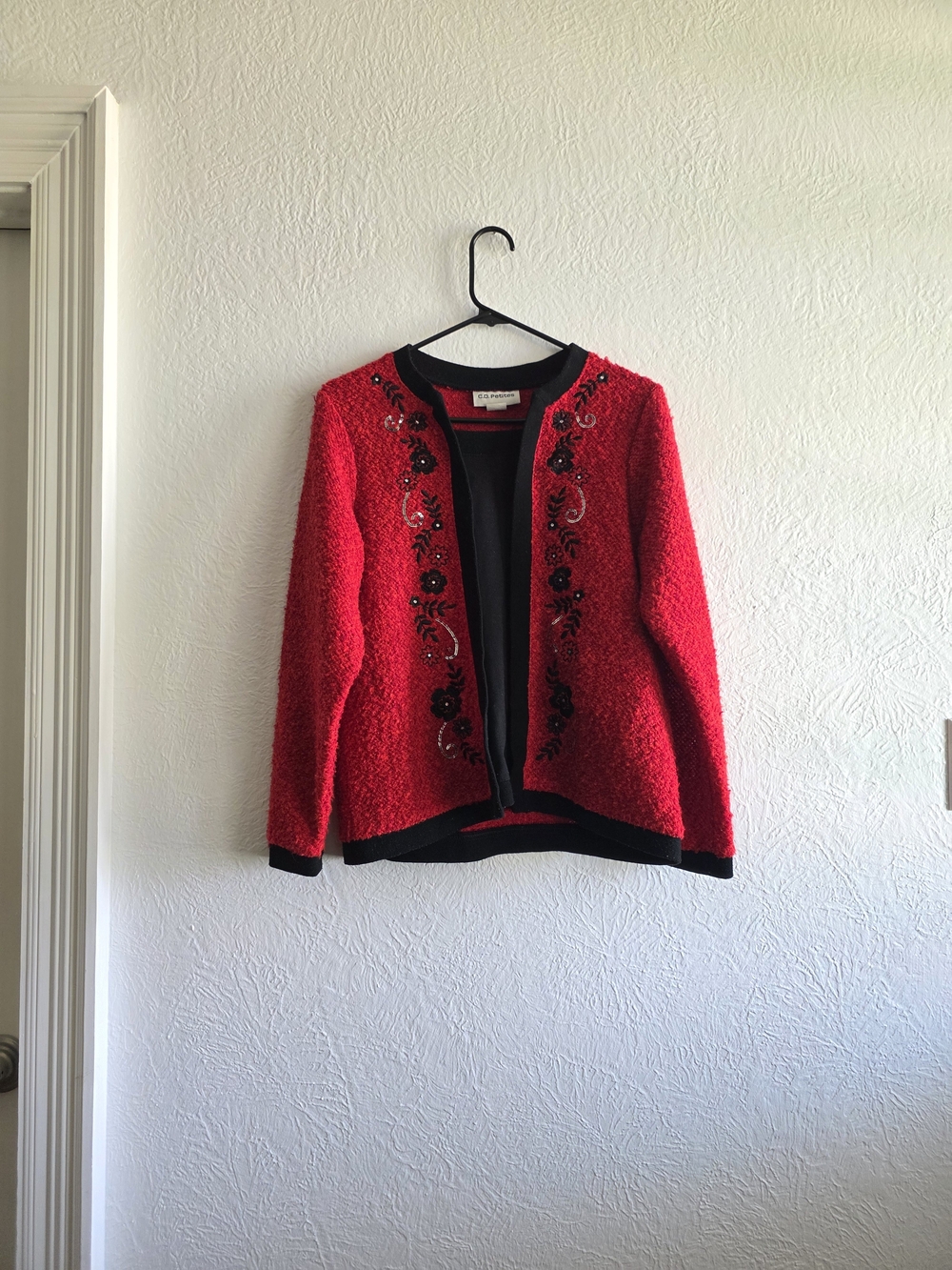 Red Embellished Crewneck Cardigan with Black Trim - C.D. Petites